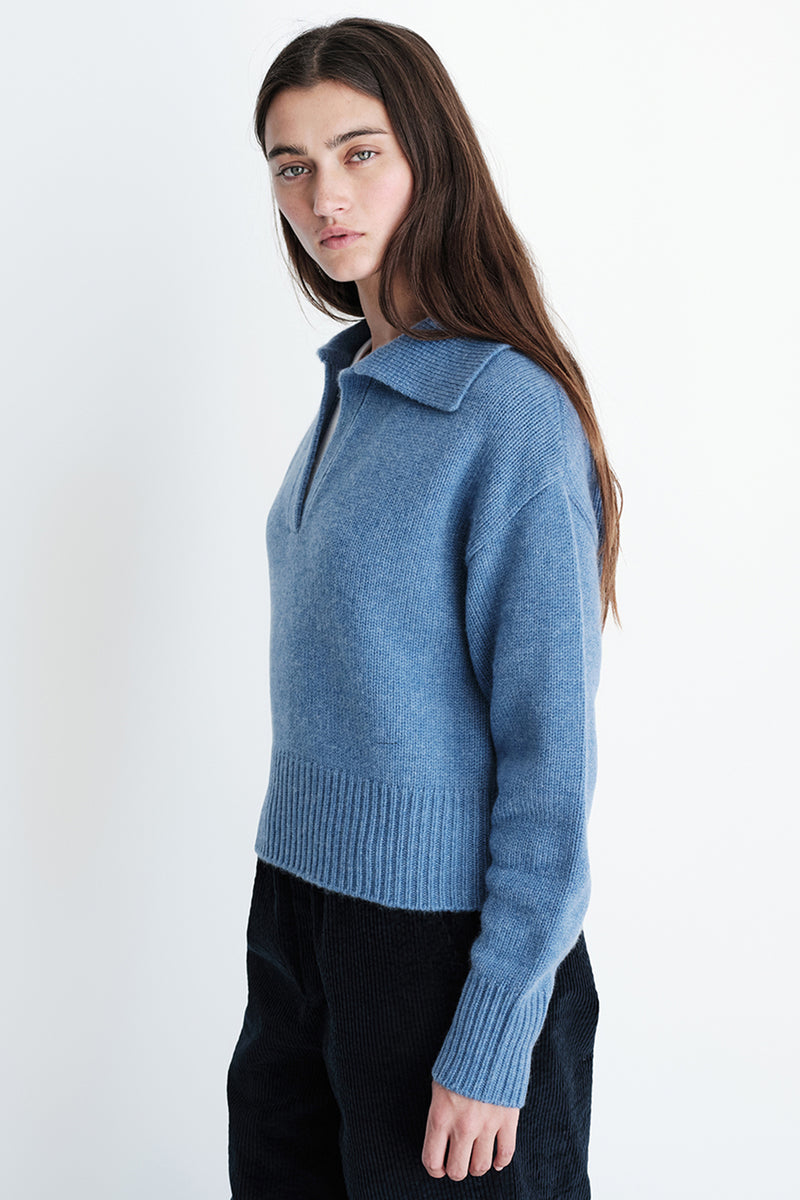 Wool/Cashmere Johnny Collar Sweater in Denim-full side