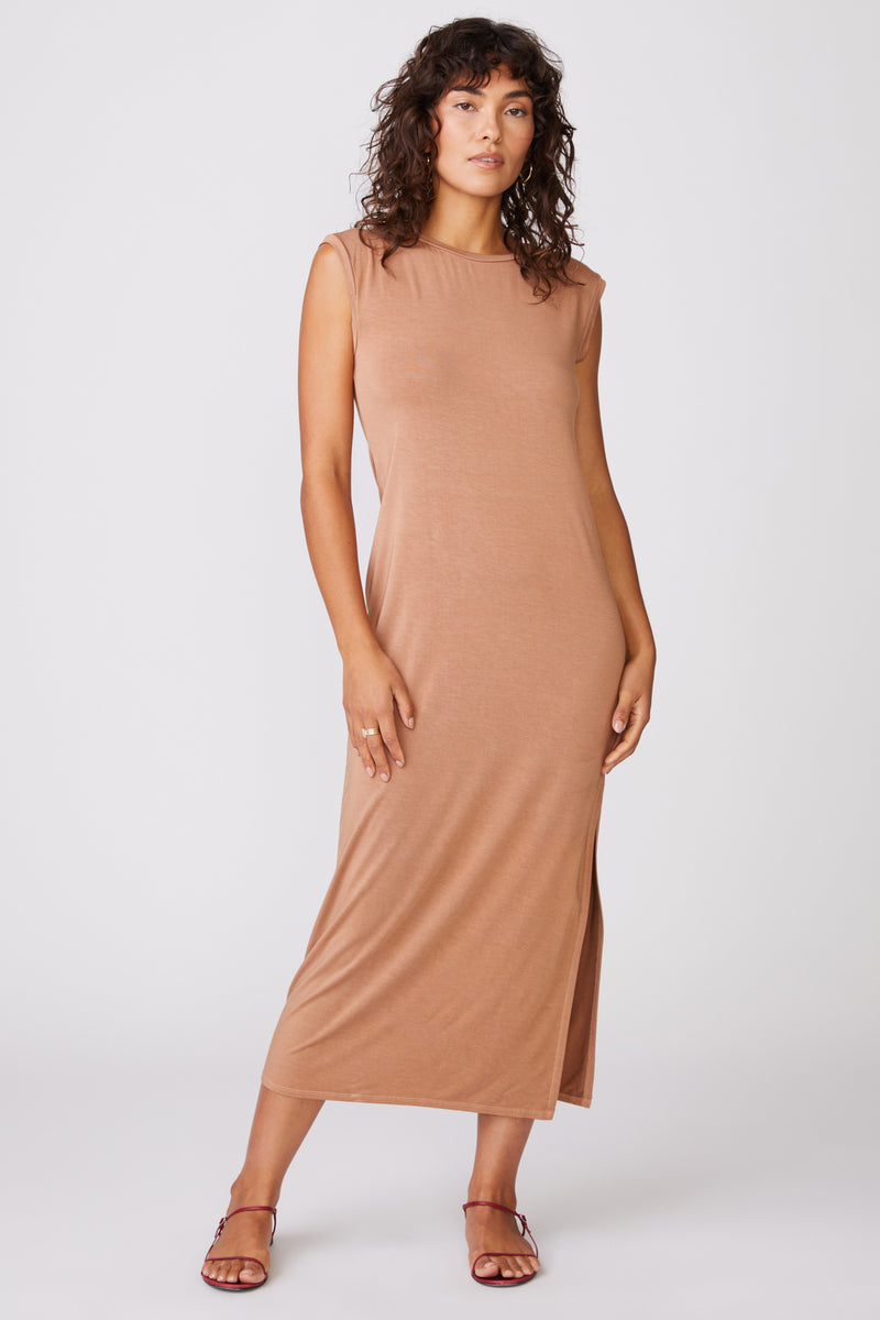 Stateside Luxe Jersey Boatneck Midi Dress with Side Slit in Cafe