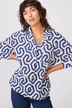 Geo Print Voile Oversized Shirt in New Navy-3/4 front