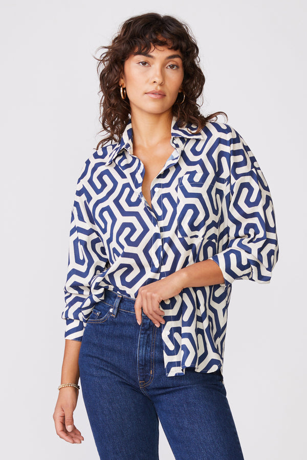 Geo Print Voile Oversized Shirt in New Navy