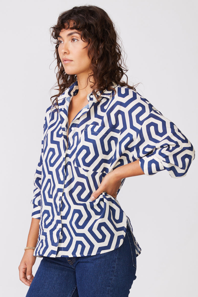 Geo Print Voile Oversized Shirt in New Navy-side