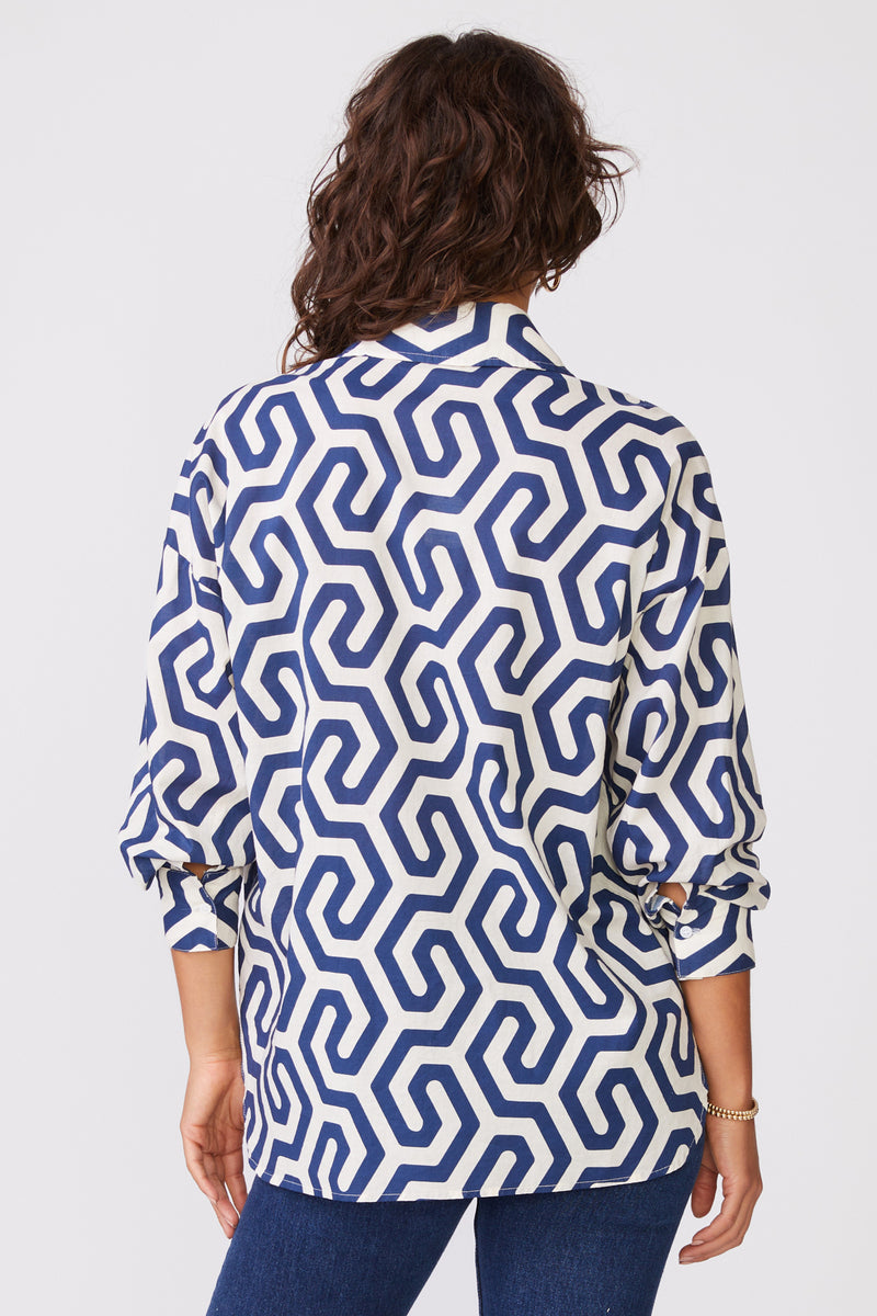 Geo Print Voile Oversized Shirt in New Navy-back