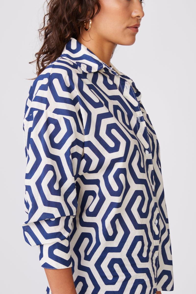 Geo Print Voile Oversized Shirt in New Navy-close up side