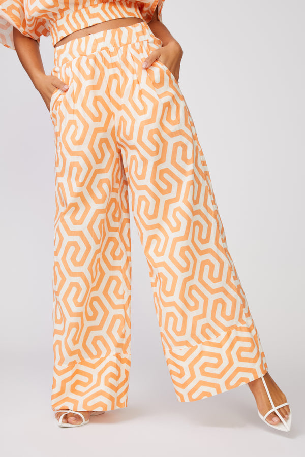 Geo Print Voile Wide Leg Pant in Cantaloupe