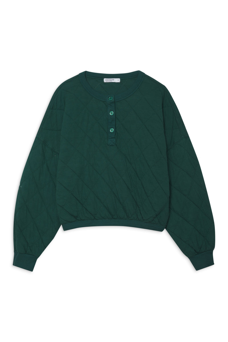 Quilted Oversized Henley Pullover in Rainforest-flat lay (front)