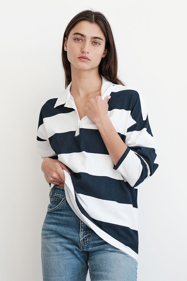  Stateside Wide Rugby Stripe Oversized Polo in Paper-3/4 front
