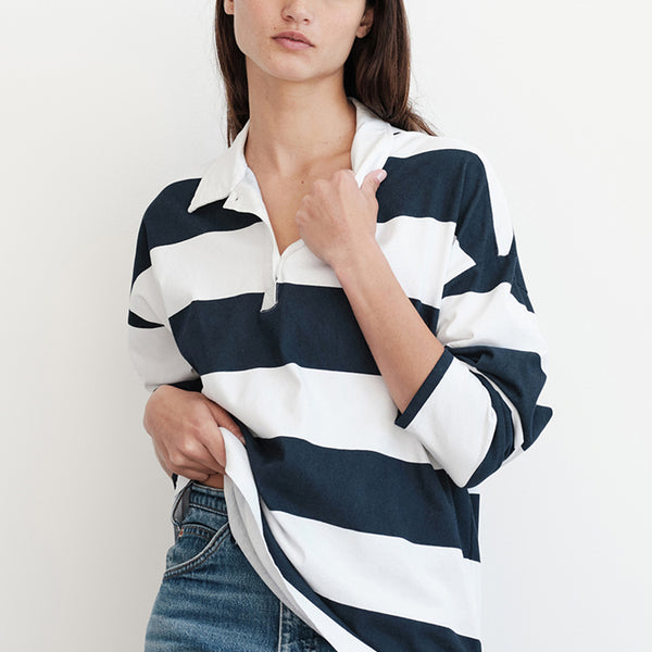 Long-sleeved Polo Shirt - Dark blue/striped - Ladies