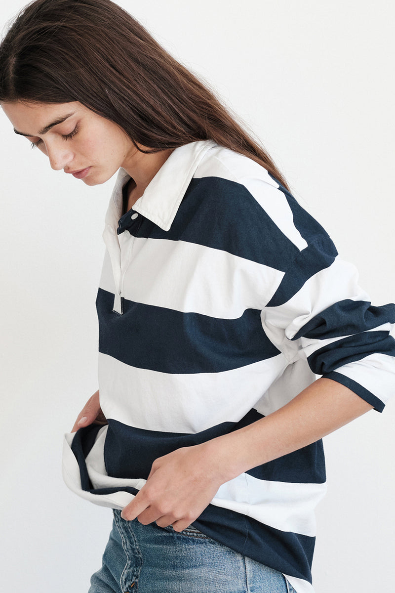 Stateside Wide Rugby Stripe Oversized Polo in Paper-side