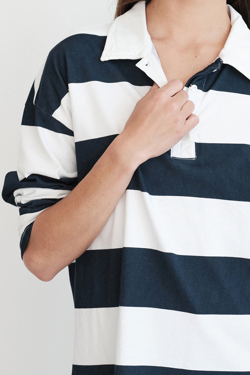 Stateside Wide Rugby Stripe Oversized Polo in Paper-close up of collar
