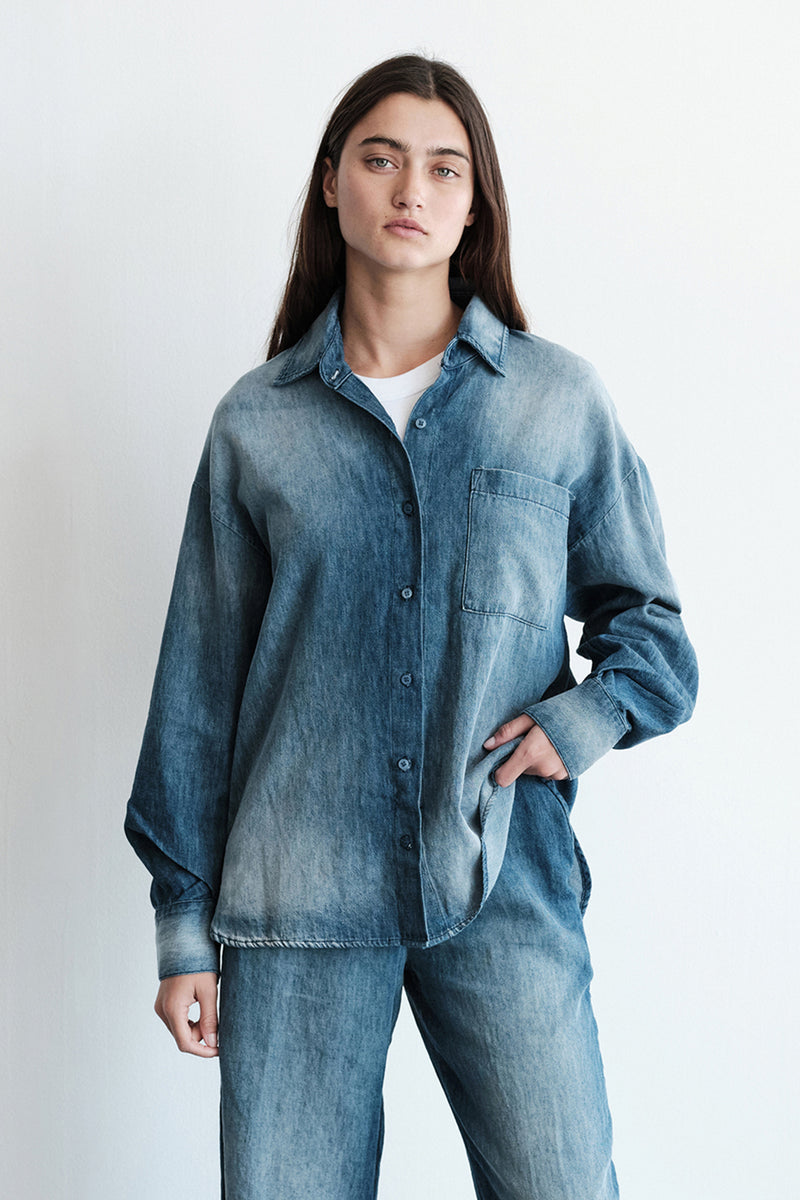 TBS EXCLUSIVE Stonewashed Chambray Oversized Shirt in Medium Wash-3/4 front