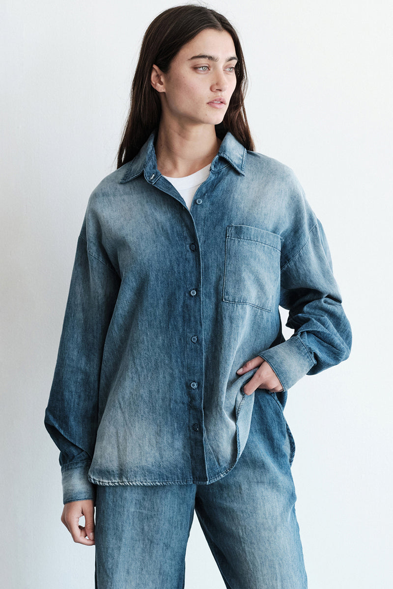 TBS EXCLUSIVE Stonewashed Chambray Oversized Shirt in Medium Wash-model looking away