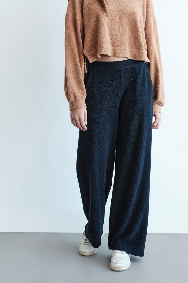 Sherpa Wide Leg Trouser in New Navy-front close up