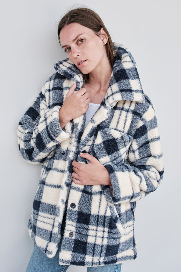 Stateside Double Faced Sherpa Jacket in Navy/Cream Plaid