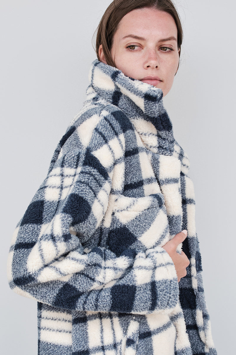 Stateside Double Faced Sherpa Jacket in Navy/Cream Plaid