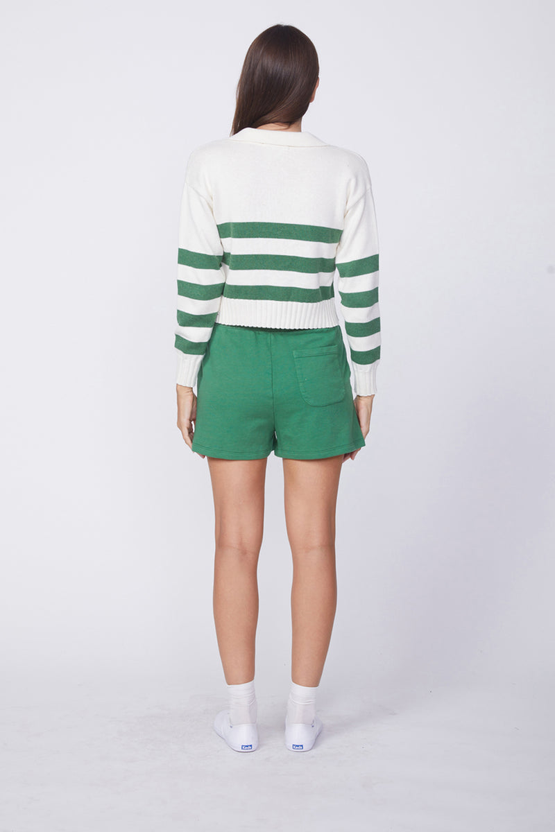 Stateside Cotton Cashmere Embroidered Johnny Collar Sweater in Pine