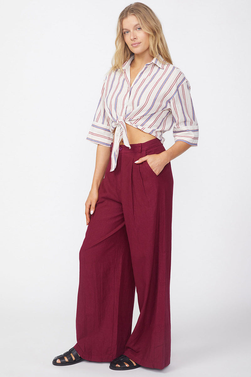 Stateside Linen Wide Leg Trouser in Bordeaux-side view 