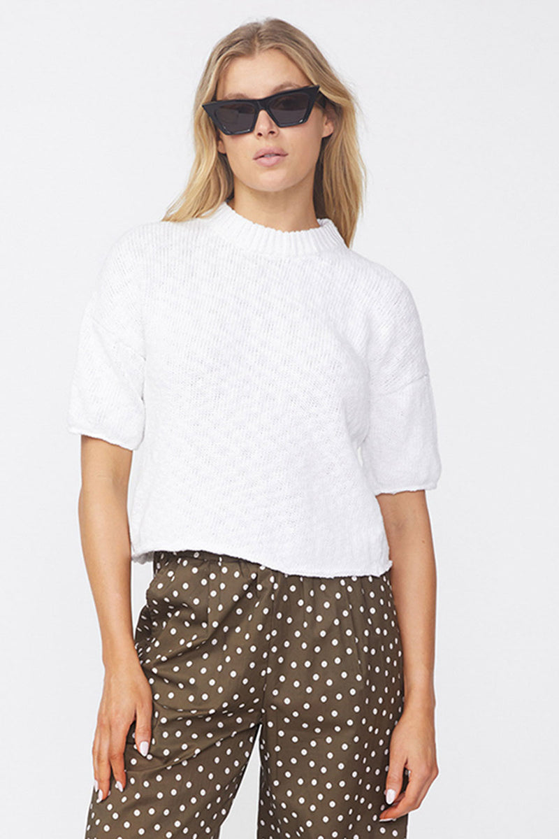 Stateside Cotton Linen Short Sleeve Sweater in White-front view