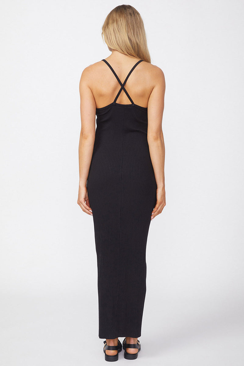 Stateside Poorboy Rib Spaghetti Strap Midi Dress in Black-full body back