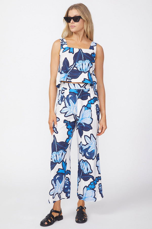 Tropical Floral Linen Cropped Tank in Sport Blue-full view front
