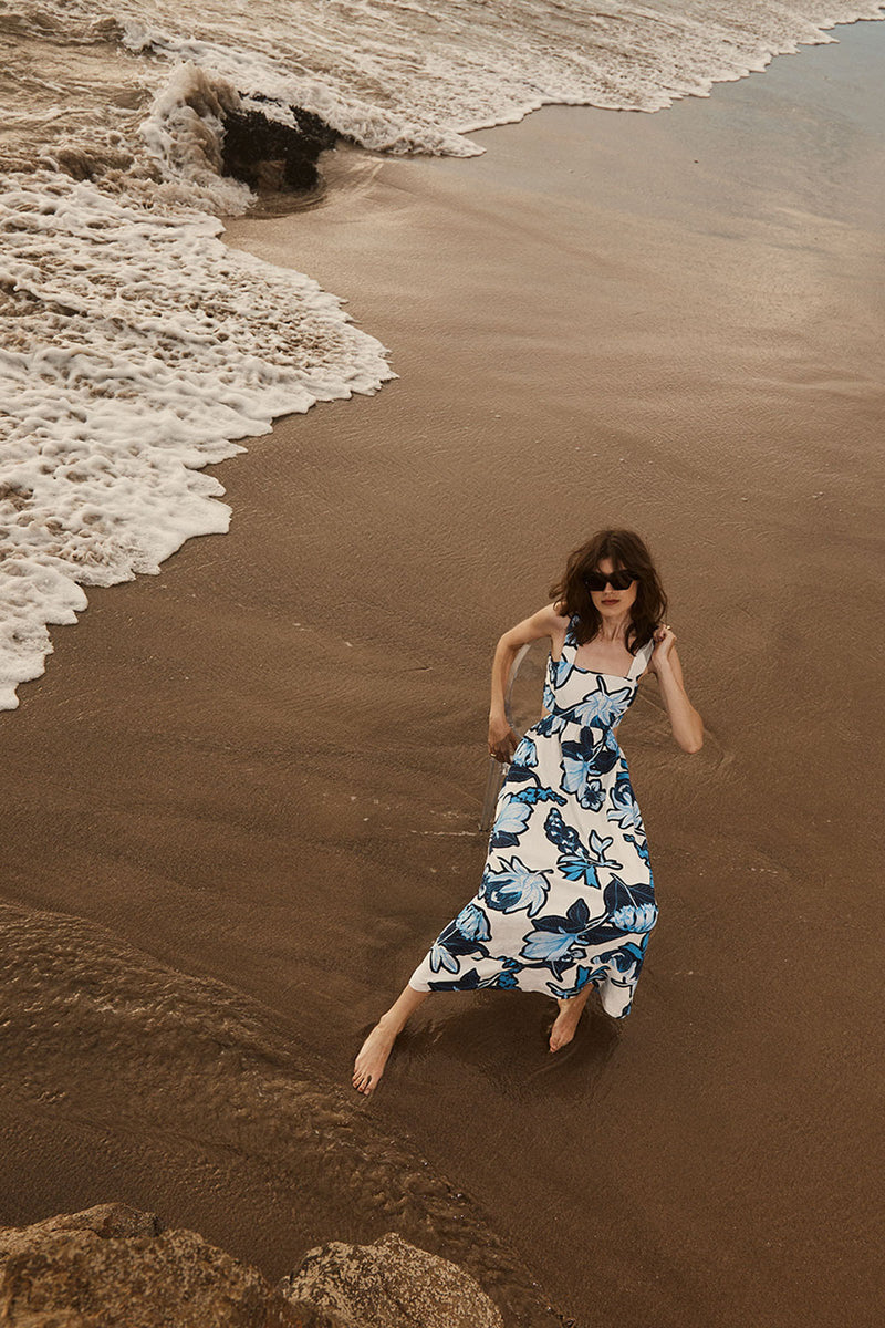 Stateside Tropical Floral Linen Maxi Dress in Sport Blue