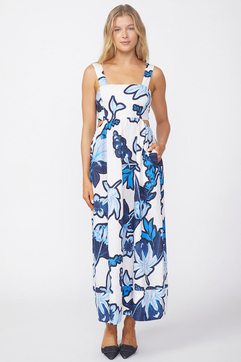 Stateside Tropical Floral Linen Maxi Dress in Sport Blue