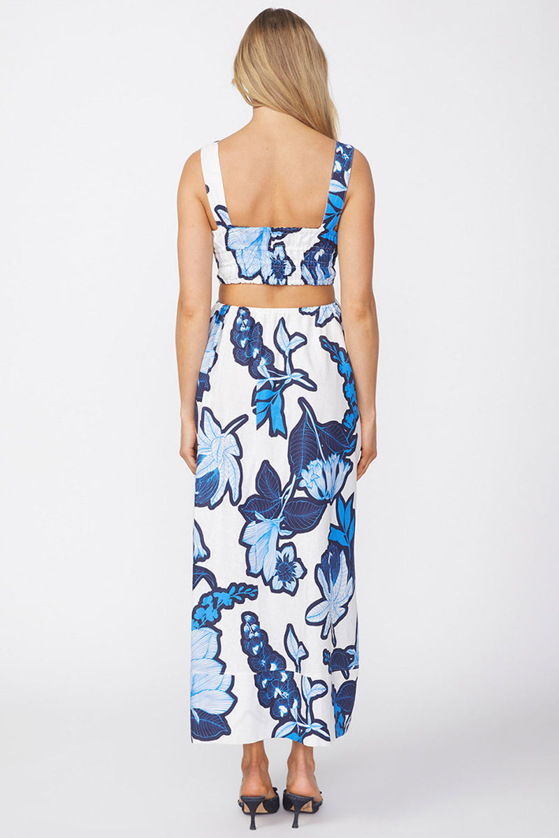 Stateside Tropical Floral Linen Maxi Dress in Sport Blue