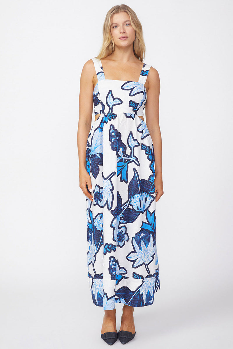 Stateside Tropical Floral Linen Maxi Dress in Sport Blue