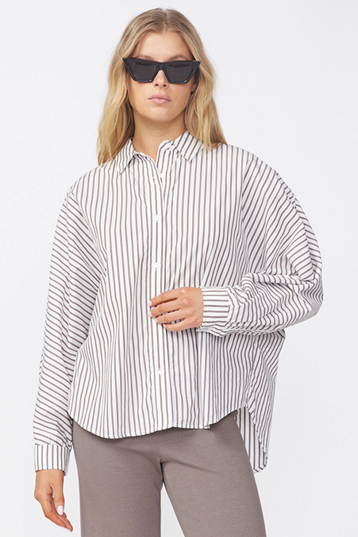 Stateside 80's Poplin Stripe Dolman Shirt in Twig | Bailey/44