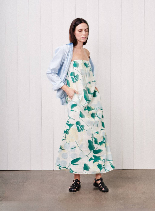 Blossom Printed Linen Column Maxi Dress in Blue Blossom