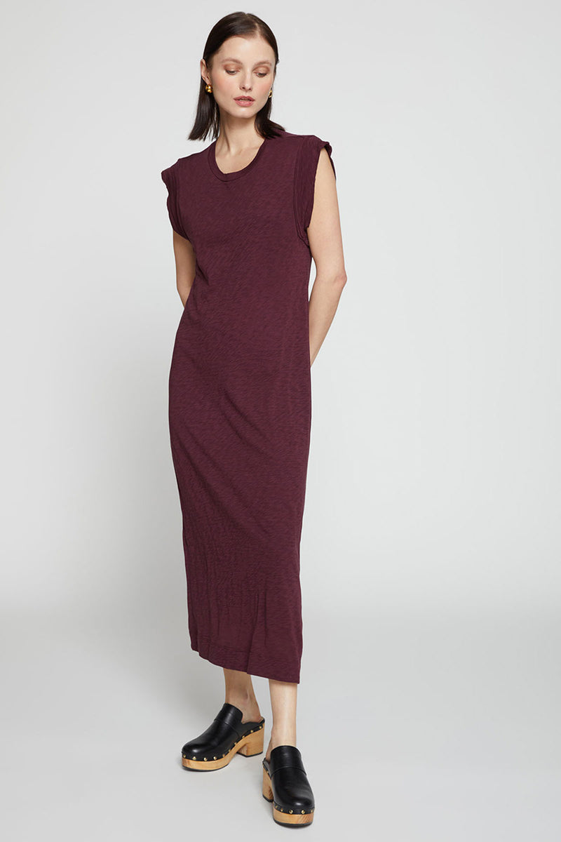 Stateside Supima Slub Scooped Hem Midi Dress-model has her hands behind her back and is looking down