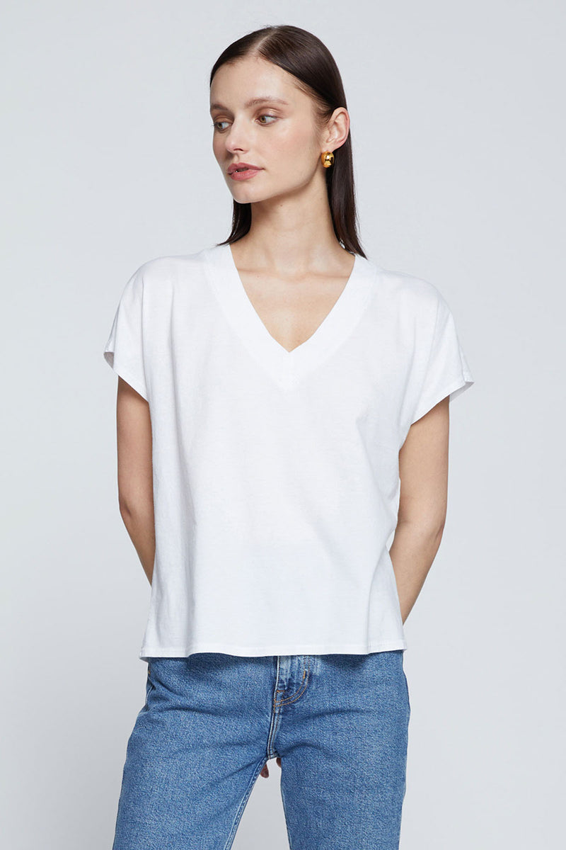 Stateside Cloud Jersey V-Neck Dolman Tee-3/4 front view model is looking away