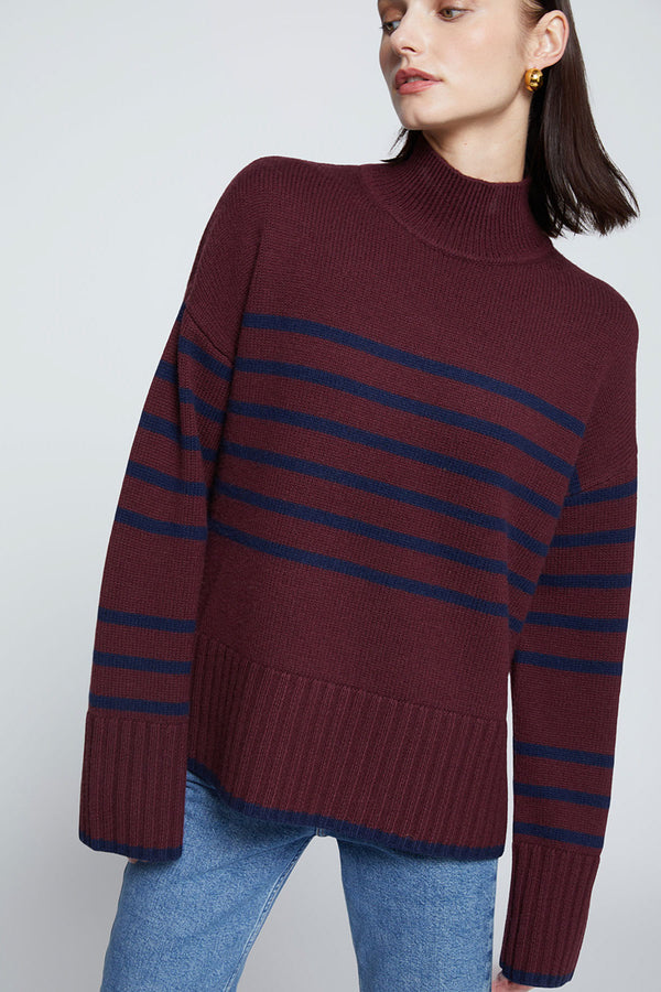 Stateside Striped Mock Neck Sweater- model looking off to the right 