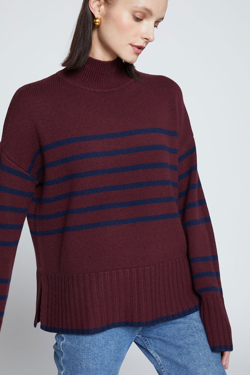 Stateside Striped Mock Neck Sweater-model looking down and off the right