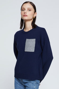 Stateside Colorblock Pocket Crew Sweater- model has her hands behind her back and side/front view