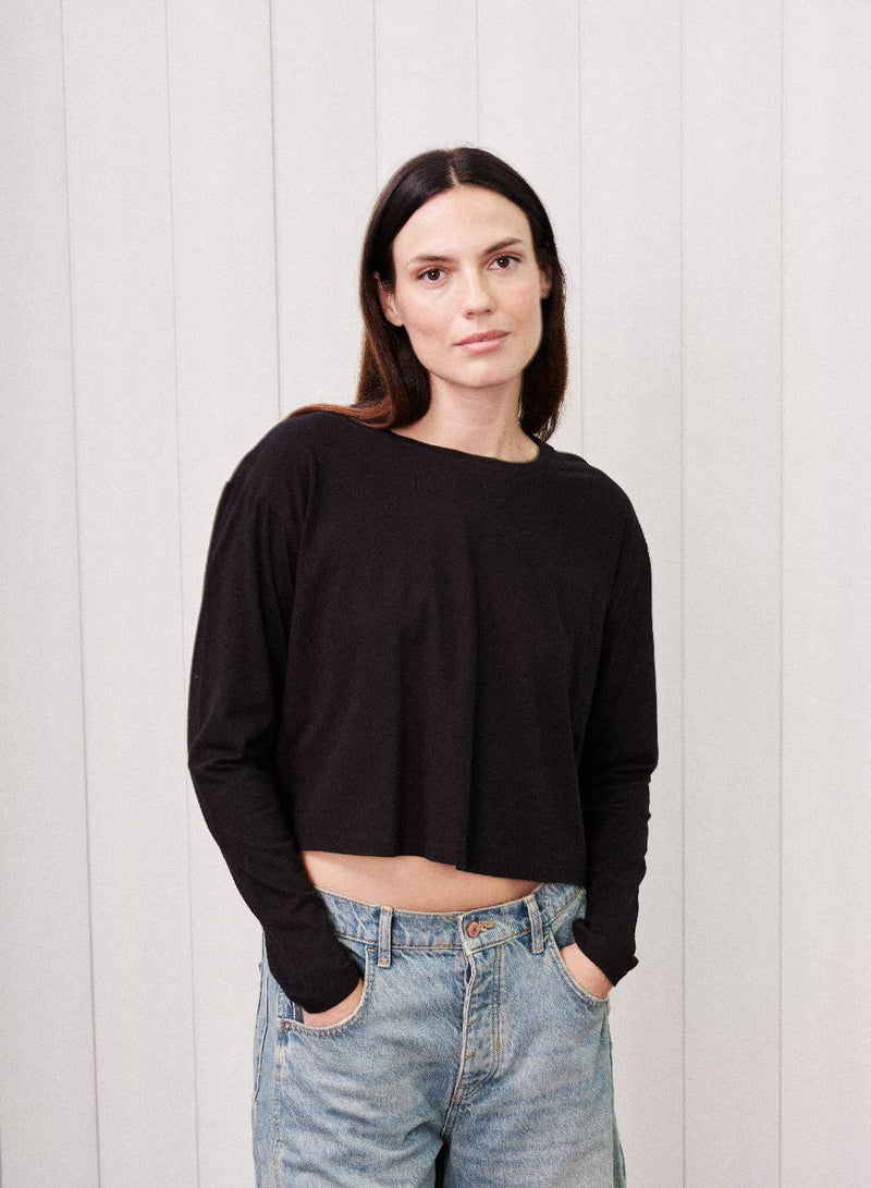 Cloud Jersey Long Sleeve Boxy Crew in Black