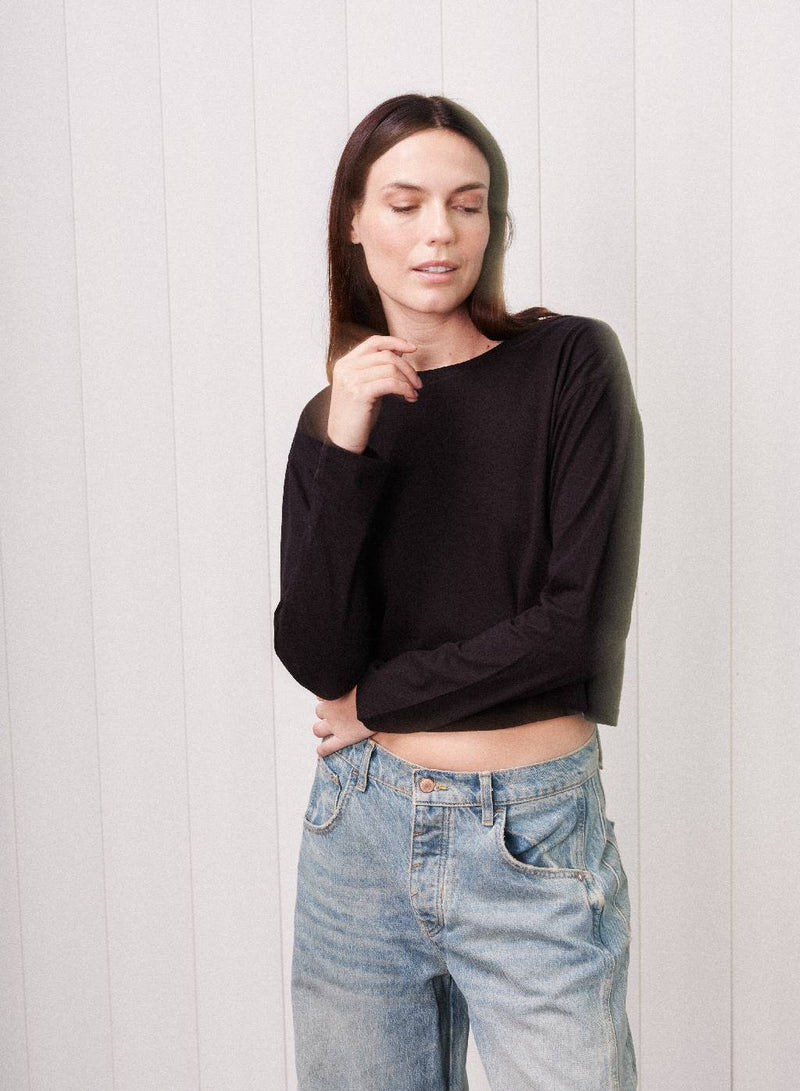 Cloud Jersey Long Sleeve Boxy Crew in Black