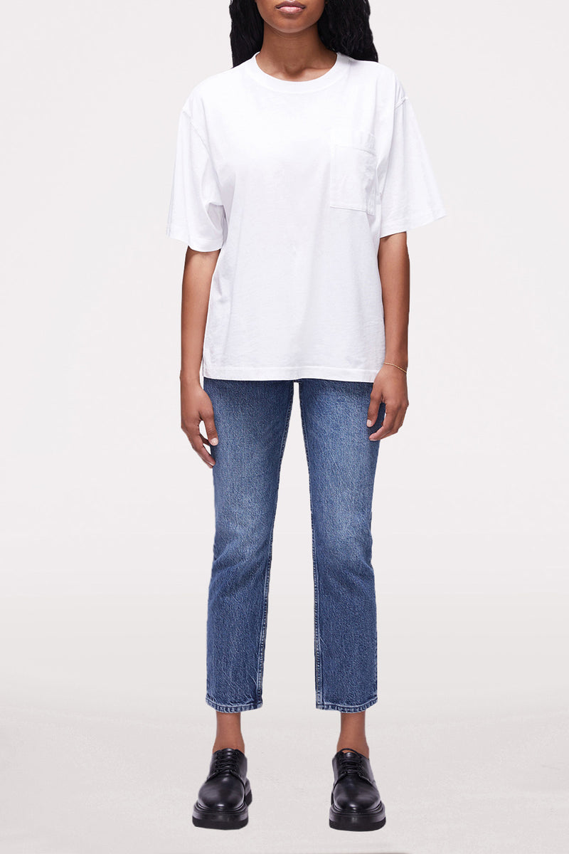 DSTLD Women's Relaxed Tee in White-tee with jeans front