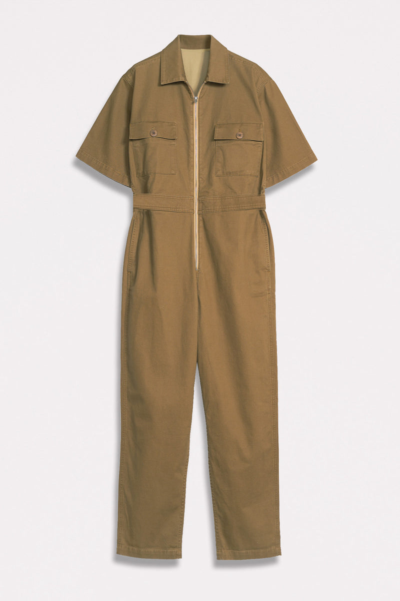 DSTLD Women's Utility Jumpsuit in Ermine-flat lay front