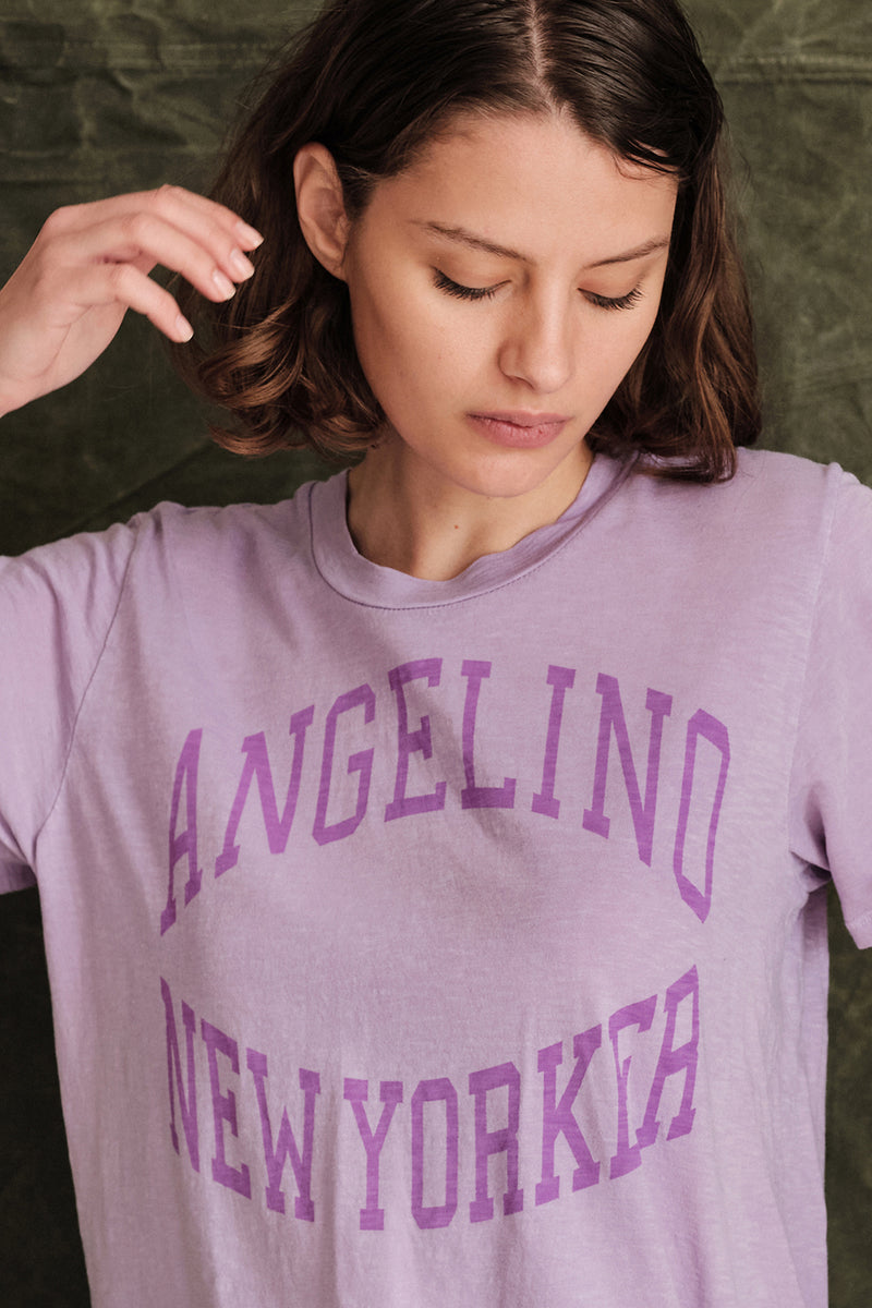 Sundry LA NY Perfect Tee In Pigment Lavender-close up of verbiage 