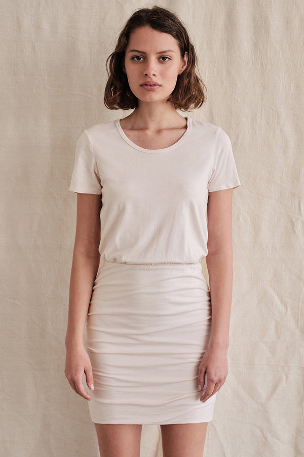 Sundry Short Sleeve Ruched Dress In Oatmilk- front