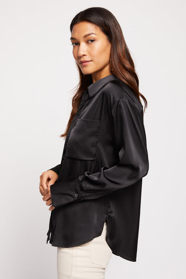 Bailey 44 Norea Blouse in Black - left side with slit