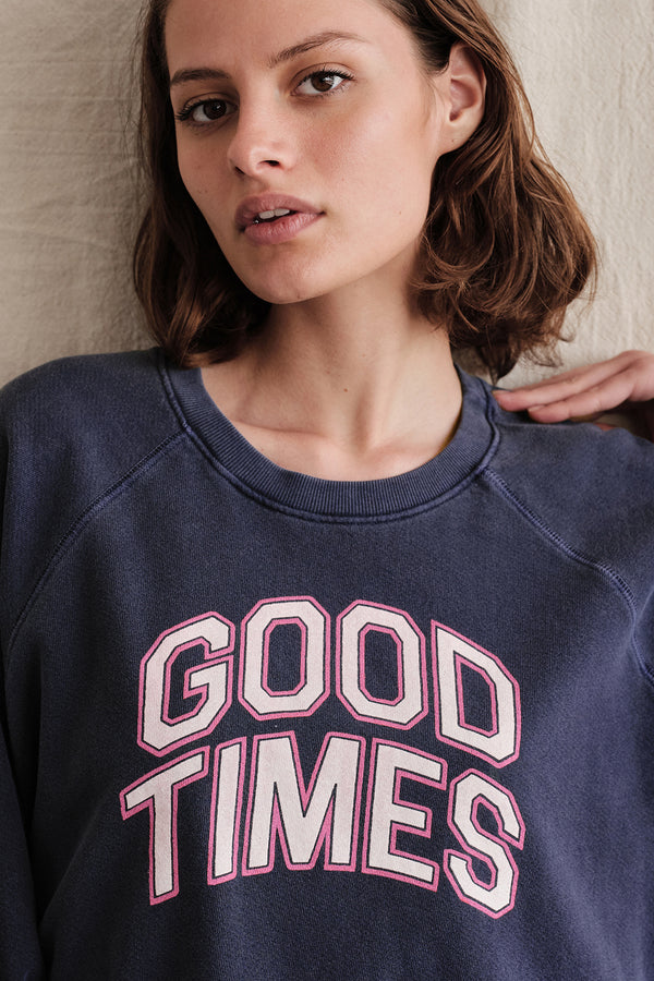 Sundry Good Times Sweatshirt In Pigment Navy-close up of graphic