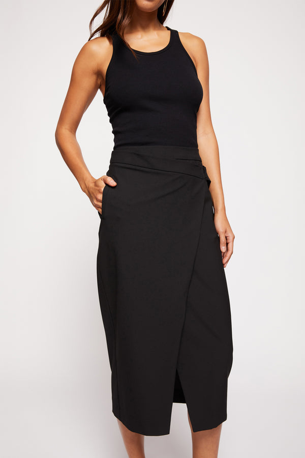 Bailey 44 Roada Skirt In Black - close up front with wrap detail