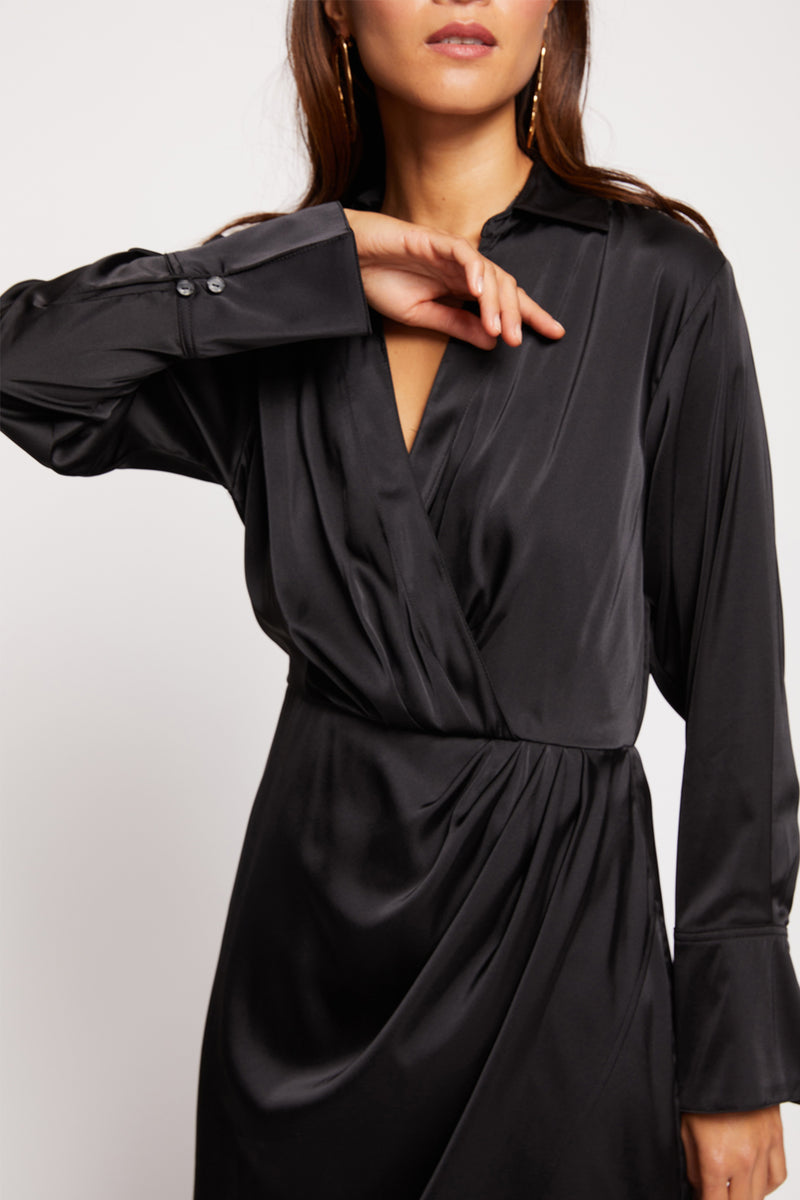 Bailey 44 Priya Wrap Dress in Black - front close up crossover at v-neck