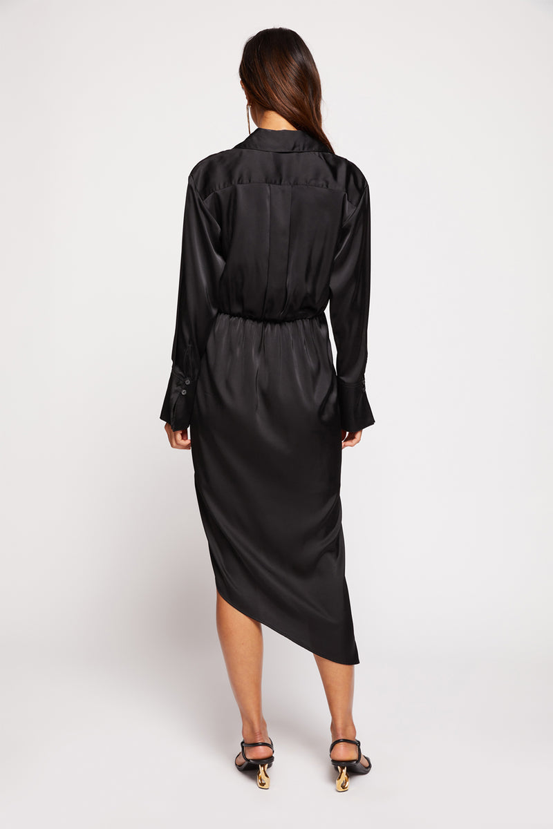 Bailey 44 Priya Wrap Dress in Black- back view with asymmetrical hem