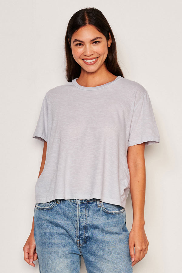 Sundry Crew Neck Tee in Blue Linen-3/4 front 