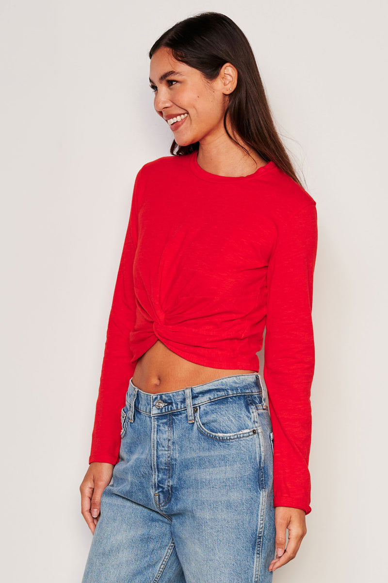 Sundry Long Sleeve Twist Tee in Flare Red-3/4 side view