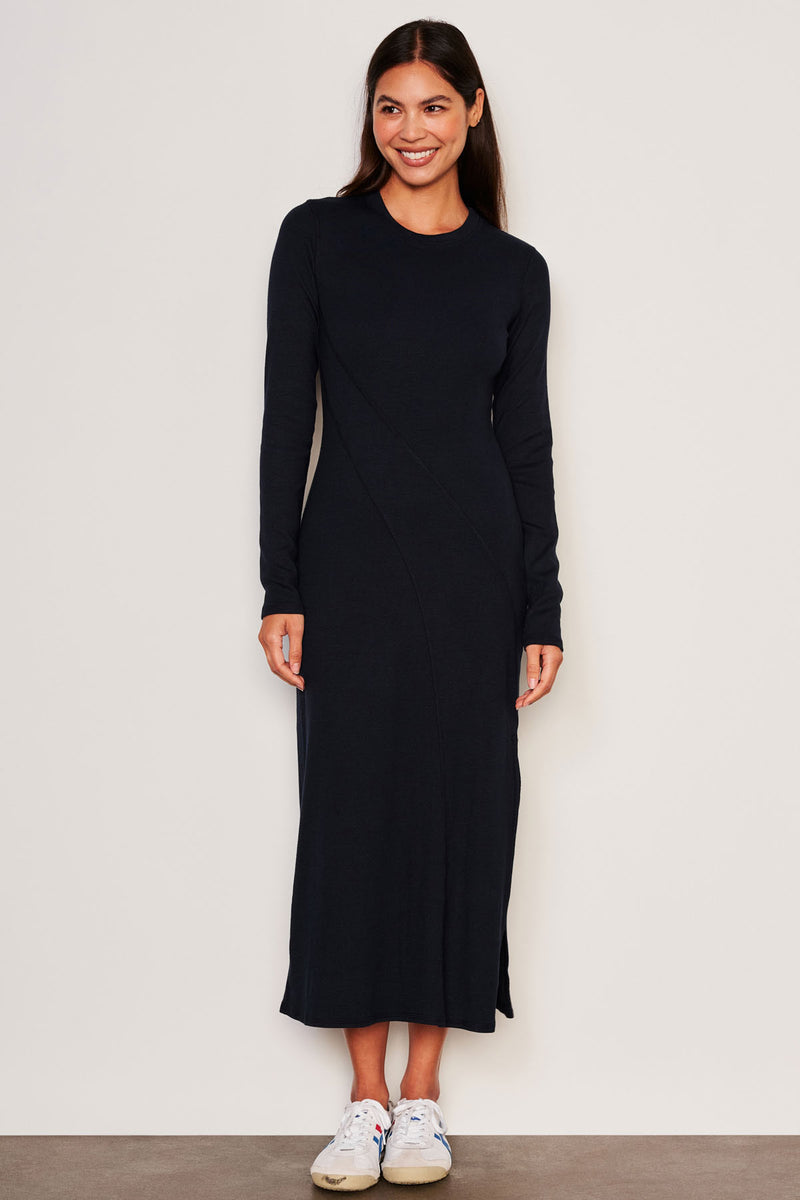 Sundry Midi Wave Dress in Deep Navy Info-full view front 