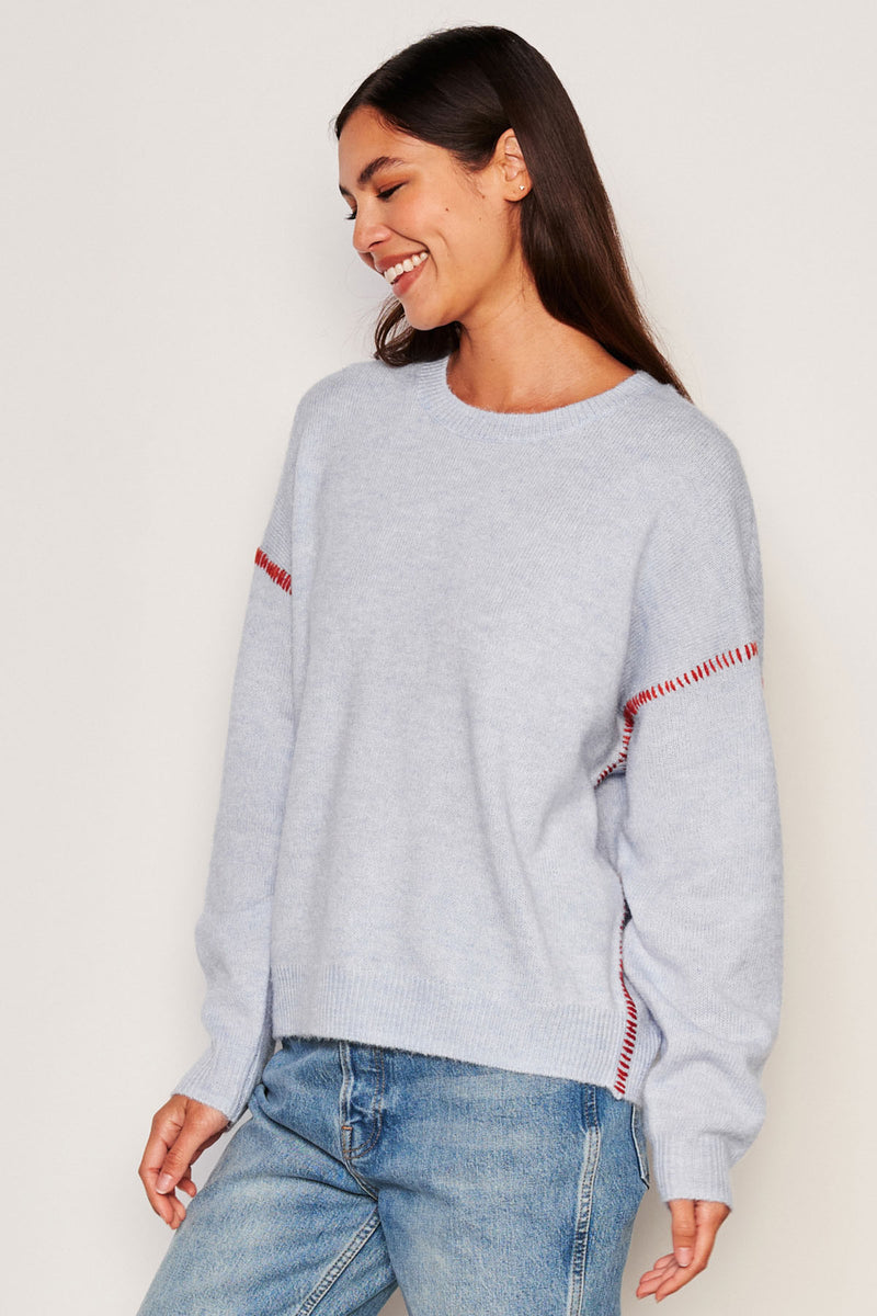 Sundry Baseball Stitch Crew Neck Sweater in Blue Linen