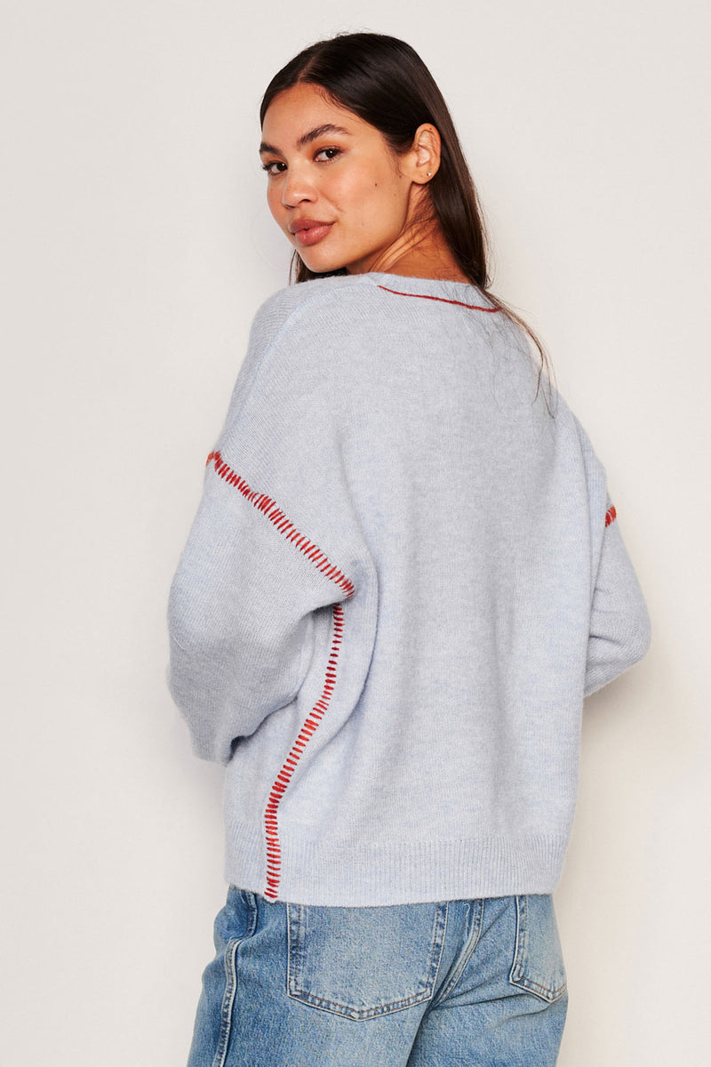 Sundry Baseball Stitch Crew Neck Sweater in Blue Linen